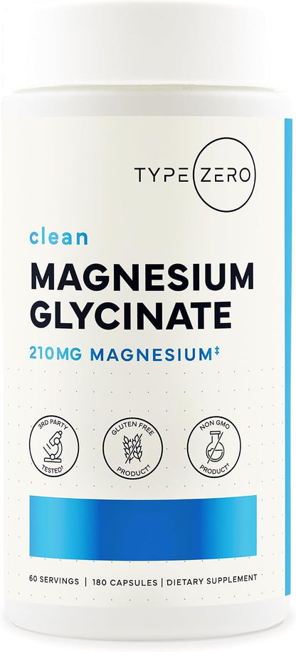 Type Zero Magnesium Glycinate (210mg) 180 Capsules, Gluten-Free, GMO-Free | Natural High Absorption Magnesium Supplement