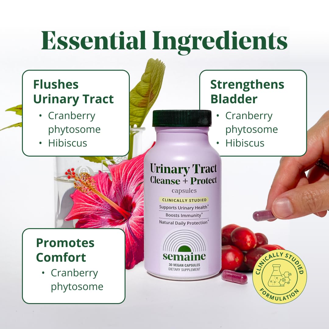 Semaine Urinary Tract Cleanse & Protect - Urinary Tract Health for Women, Cranberry Supplement for Women with Standardized Hibiscus, Daily Bladder Support Supplement, 30 Vegan Capsules
