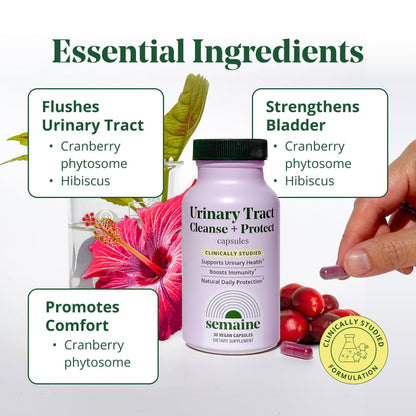 Semaine Urinary Tract Cleanse & Protect - Urinary Tract Health for Women, Cranberry Supplement for Women with Standardized Hibiscus, Daily Bladder Support Supplement, 30 Vegan Capsules