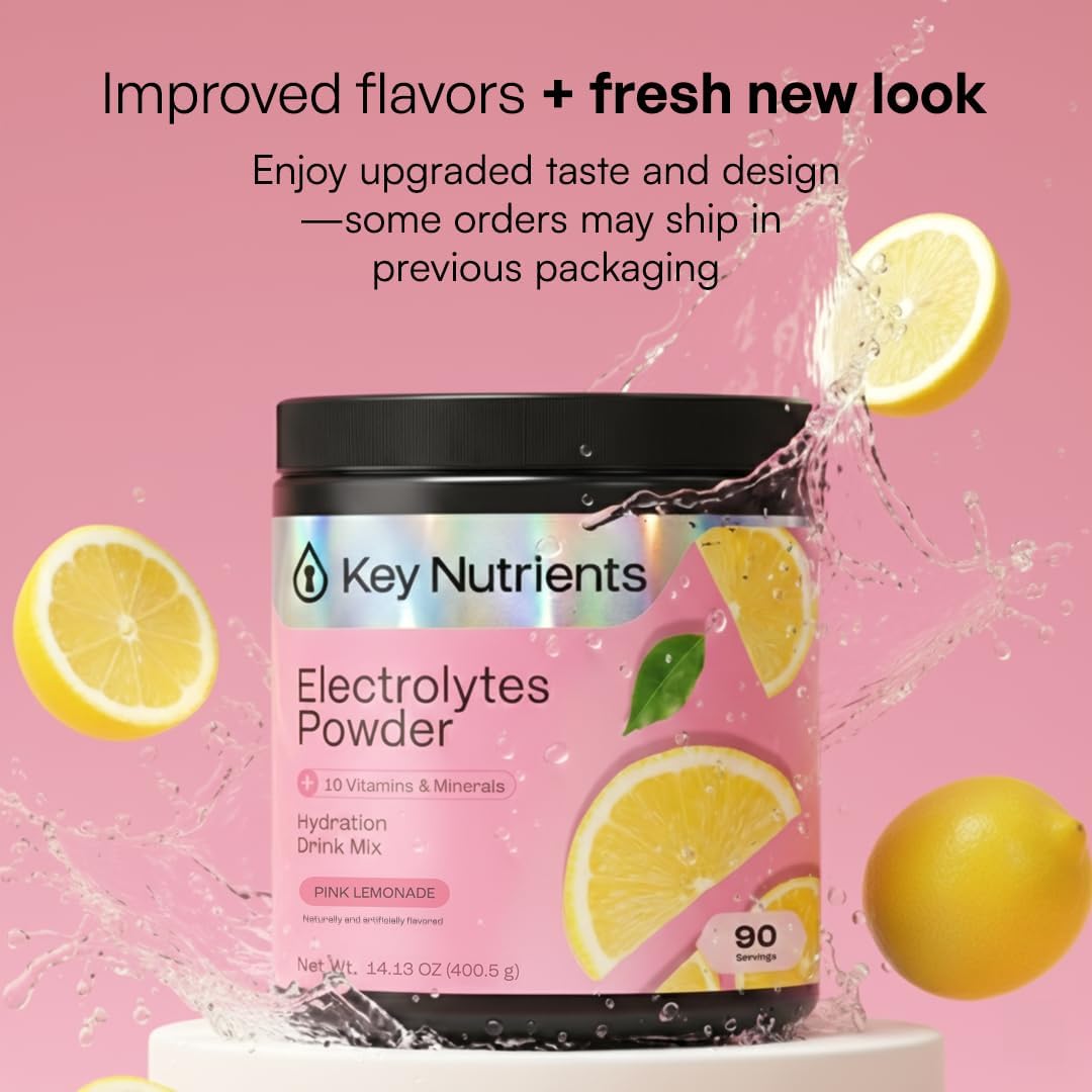 KEY NUTRIENTS Electrolytes Powder Bundle, Fresh Pink Lemonade 90 Servings Jar + Tangy Orange 90 Servings Jar, Sugar Free Hydration Drink Mix with Vitamins & Minerals, No Calories