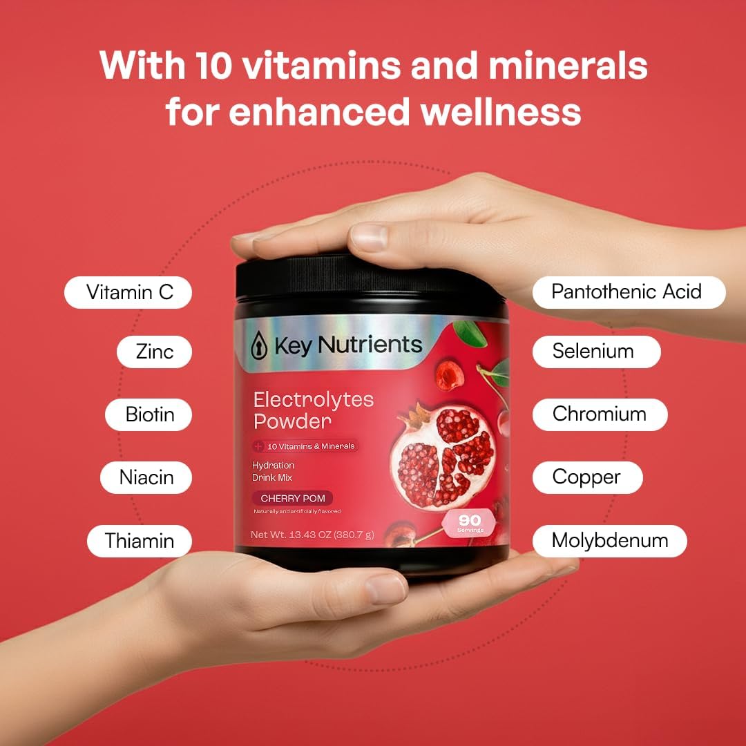 KEY NUTRIENTS Electrolytes Powder Bundle, Sweet Blue Raspberry 90 Servings Jar + Sweet Cherry Pom 90 Servings Jar, Sugar Free Hydration Drink Mix with Vitamins & Minerals, No Calories