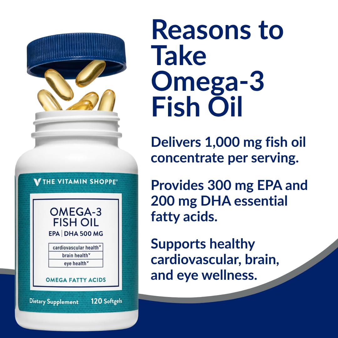 Suplement ​The Vitamin Shoppe Brand Omega 3 Fish Oil 1000mg with EPA DHA 500mg, Cardiovascular, Brain & Eye Health Support for Men and Women, Sourced from Anchovy, VelvetGlow USA