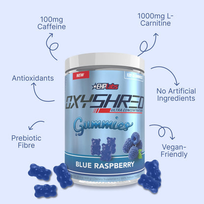 EHP Labs OxyShred Pre Workout Energy Gummies, Strawberry, 60 Servings | 100mg Natural Caffeine, 1000mg L-Carnitine, Vegan & Halal Friendly, No Artificial Colors, Zero Aspartame, HPLC Tested