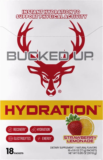 Bucked Up Hydration - Strawberry Lemonade | Electrolyte and Hydration Powder Drink Mix | 18 Packs (18 Servings)