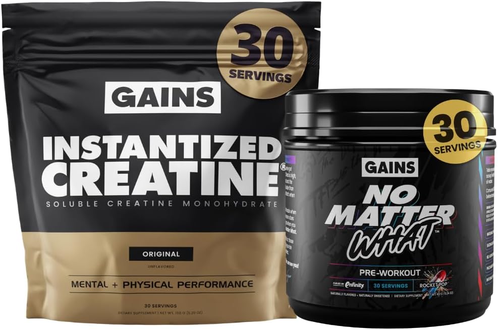 Gains in Bulk Instantized Creatine & No Matter What Pre Workout Powder Bundle, Soluble Creatine Powder, Paraxanthine, Amino Acids & L Theanine, 60 Servings