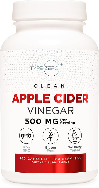Type Zero Apple Cider Vinegar Capsules (500mg) 180 Capsules, Gluten-Free | GMO-Free Supplement