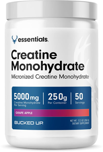 Bucked Up Grape Apple Creatine for Women and Men - Easy to Mix Vegetarian - Flavored Creatine Monohydrate Powder - Made in USA - 5G Per Serving - 50 Servings - 250 Grams Per Container