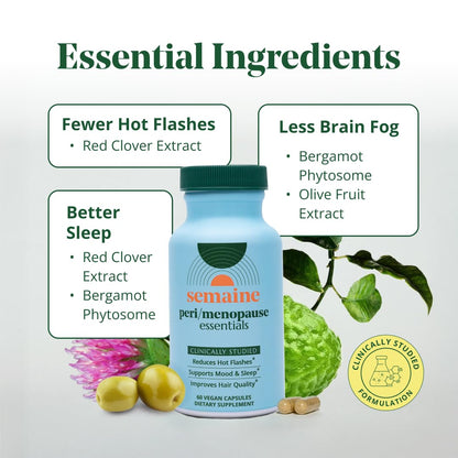 Semaine Peri/Meno Essentials - Menopause Supplements for Women, Perimenopause Supplements Women 40+ - Hot Flashes Menopause Relief*, Night Sweats, Mood, Sleep - 60 Vegan Capsules