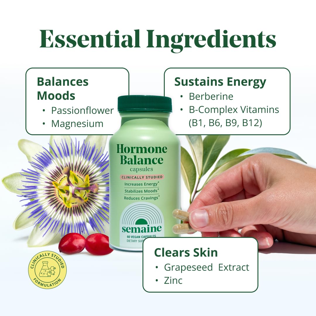 Semaine Hormone Balance for Women - Womens Hormone Balance Supplement & Premenopausal Supplements for Women - Methylated Folate, B Vitamins, Magnesium, Zinc, Berberine Phytosome & Grapeseed - 60 count