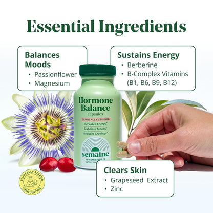 Semaine Hormone Balance for Women - Womens Hormone Balance Supplement & Premenopausal Supplements for Women - Methylated Folate, B Vitamins, Magnesium, Zinc, Berberine Phytosome & Grapeseed - 60 count