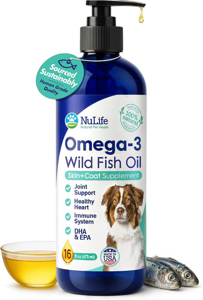 Liquid Fish Oil for Dogs with Omega 3, 6 & 9 Fatty Acids, Wild Caught from Iceland, Skin and Coat Supplement for Shedding, Itchy Skin, Allergies, Brain and Heart Health, Rich in EPA + DHA - 16 oz