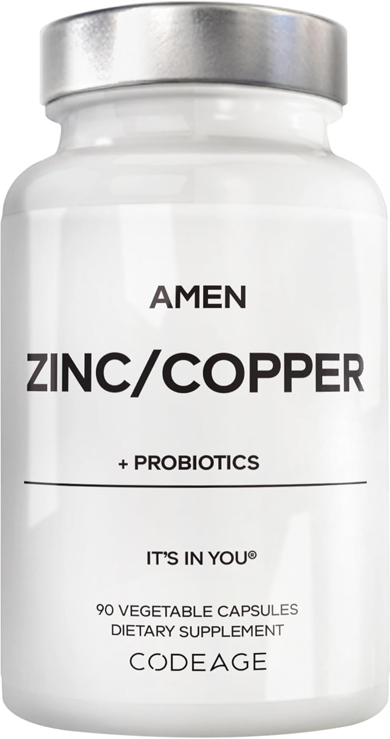 Amen Zinc & Copper Supplement + Probiotics, 3 Months Supply, One Per Day - 50 mg Zinc Picolinate Vitamin Pills - Essential Minerals Supplements – 2 Billion CFUs Probiotic – Vegan, Non-GMO, 90 Capsules