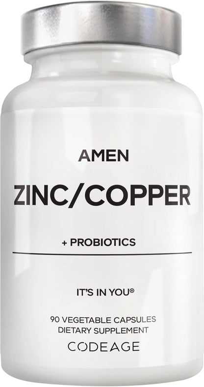 Amen Zinc & Copper Supplement + Probiotics, 3 Months Supply, One Per Day - 50 mg Zinc Picolinate Vitamin Pills - Essential Minerals Supplements – 2 Billion CFUs Probiotic – Vegan, Non-GMO, 90 Capsules
