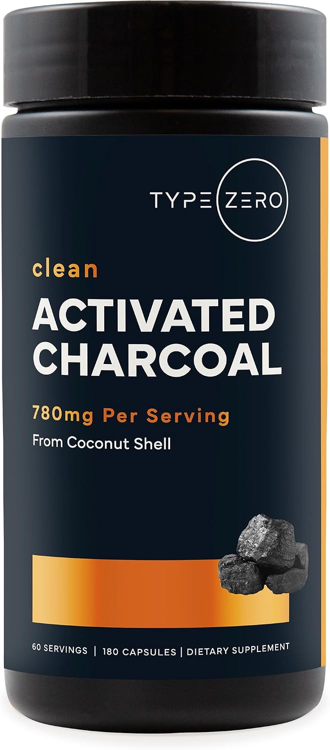 Type Zero Activated Charcoal (780mg) 180 Capsules, 60 Servings, Gluten-Free | From Coconut Shell, GMO-Free