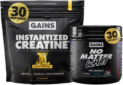 Gains in Bulk Instantized Creatine Sweet Lemonade & No Matter What Pre Workout Powder Bundle, Soluble Creatine Powder, Paraxanthine, Amino Acids & L Theanine, 130 Servings