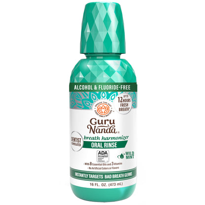 GuruNanda Oral Rinse Fresh Breath Mouthwash, ADA-Accepted Alcohol-Free Mouthwash, 7 Essential Oils & Vitamins, SLS & Flouride-Free, Wild Mint, 16 Oz