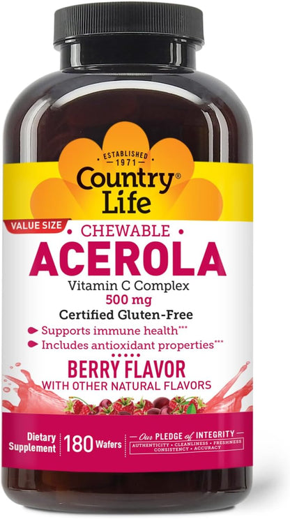 Country Life Acerola Vitamin C Complex 500 mg Chewable Wafers, 180 Count
