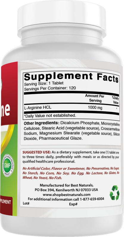 (New Improved Formula) Best Naturals L-Arginine 1000 mg 120 Tablets - Grade L Arginine Supplement