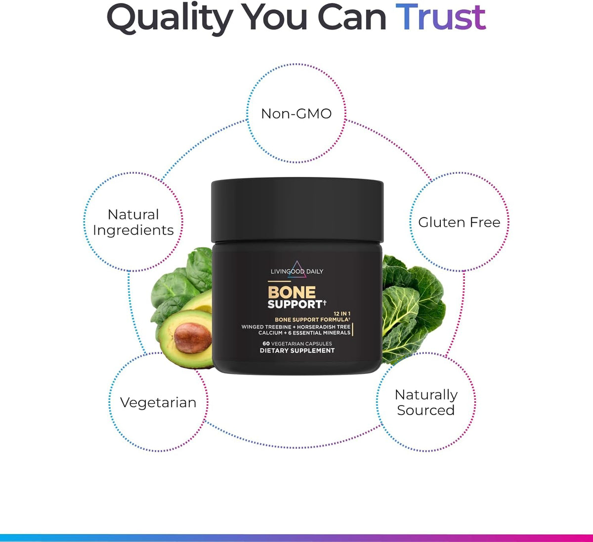 Livingood Daily Calcium Supplement for Women and Men, Bone Support with Vitamin C, Vitamin D3 K2, Magnesium, Zinc, Calcium, Vegetarian Capsules, Non GMO, Gluten Free, 60 Count