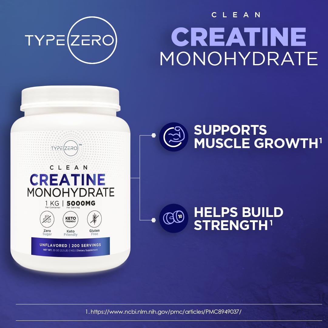Type Zero Creatine Monohydrate Powder (Unflavored) 500 Grams, Micronized | 5000mg Per Serving, Zero Sugar, Keto Friendly & Gluten-Free, 100 Servings