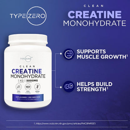 Type Zero Creatine Monohydrate Powder (Unflavored) 500 Grams, Micronized | 5000mg Per Serving, Zero Sugar, Keto Friendly & Gluten-Free, 100 Servings