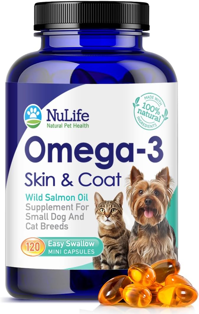 Omega 3 Fish Oil for Small Dogs & Cats - Pet Fish Oil Supplement with DHA & EPA Fatty Acids for Healthy Skin and Coat - Improves Shedding & Relieves Dry, Itchy Skin - 500mg - 120 Capsules