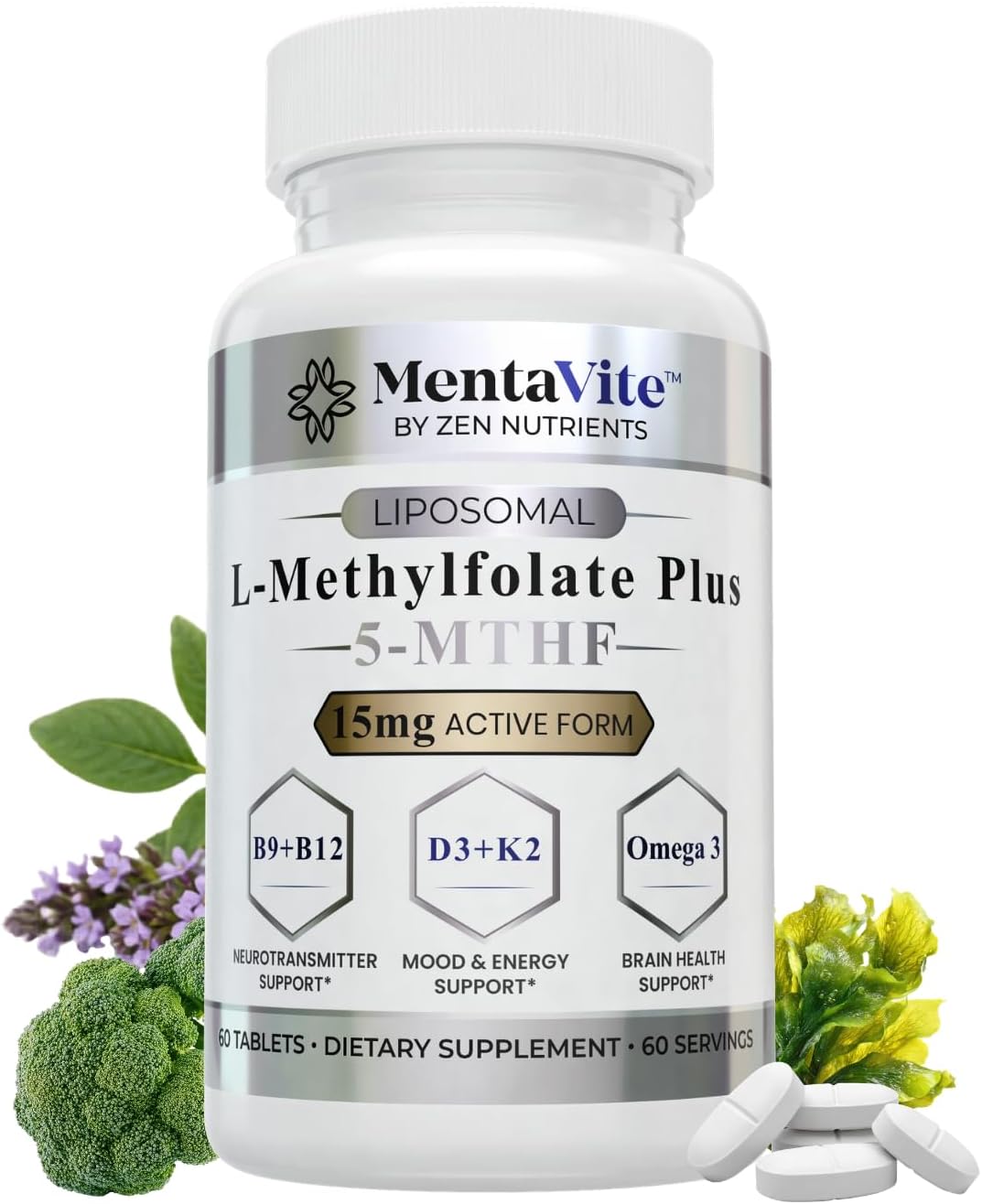L-Methylfolate 15 mg Liposomal Matrix - Active 5-MTHF with Methylcobalamin (B12), B9, Omega 3, D3 + K2 - Methyl Folate Supplement Supports Mood, Methylation, Cognition, Vegan, 60 Tablets/Servings