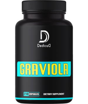 Black dietary supplement bottle labeled 'Graviola' with DedicaD branding on a white background