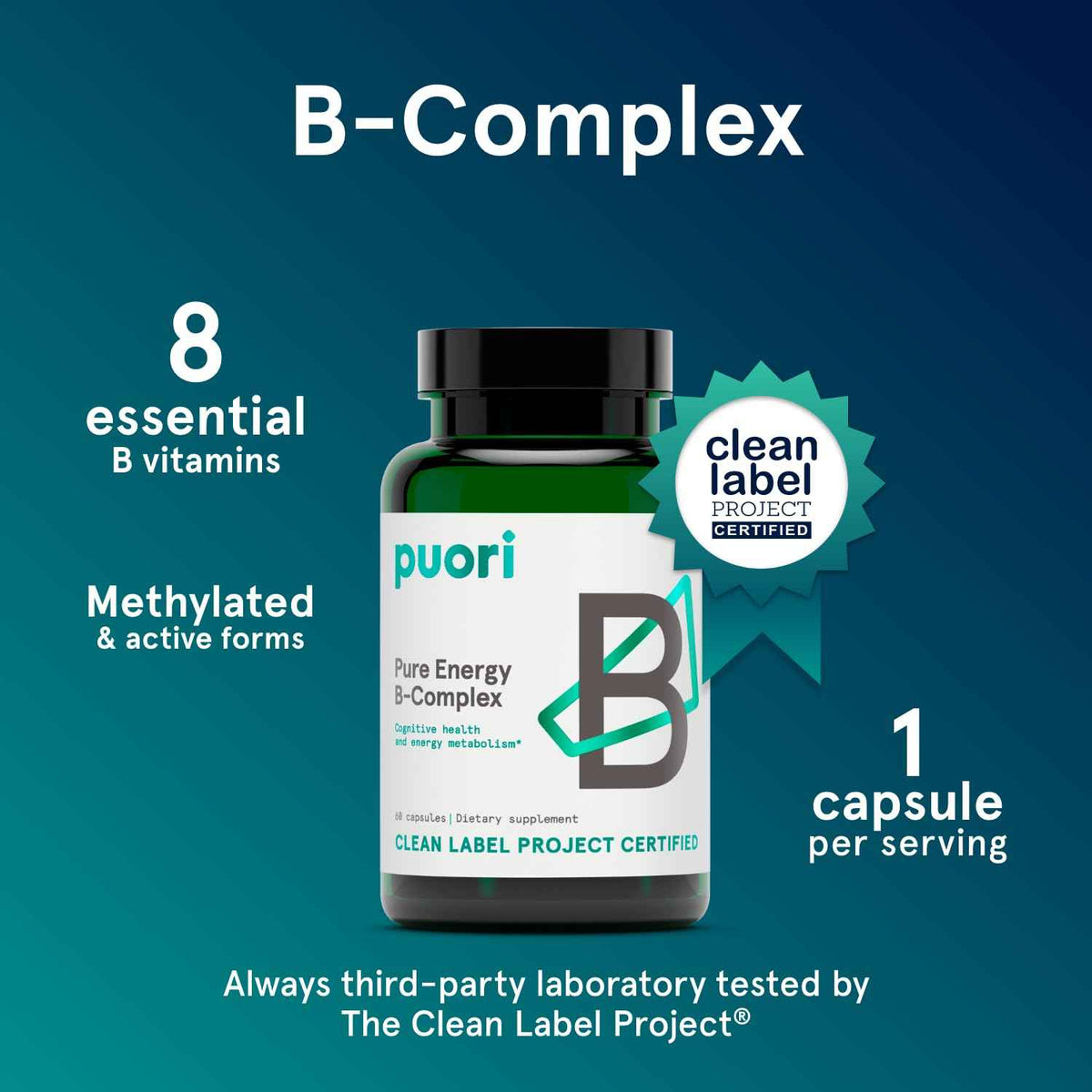 Puori Pure Energy Vitamin B-Complex with 8 Essential Vitamins - Active & Methylated B Vitamins (Thiamin, Riboflavin, Niacin, B6, Folate & B12) - Biotin, Inositol, Pantothenic Acid & Choline
