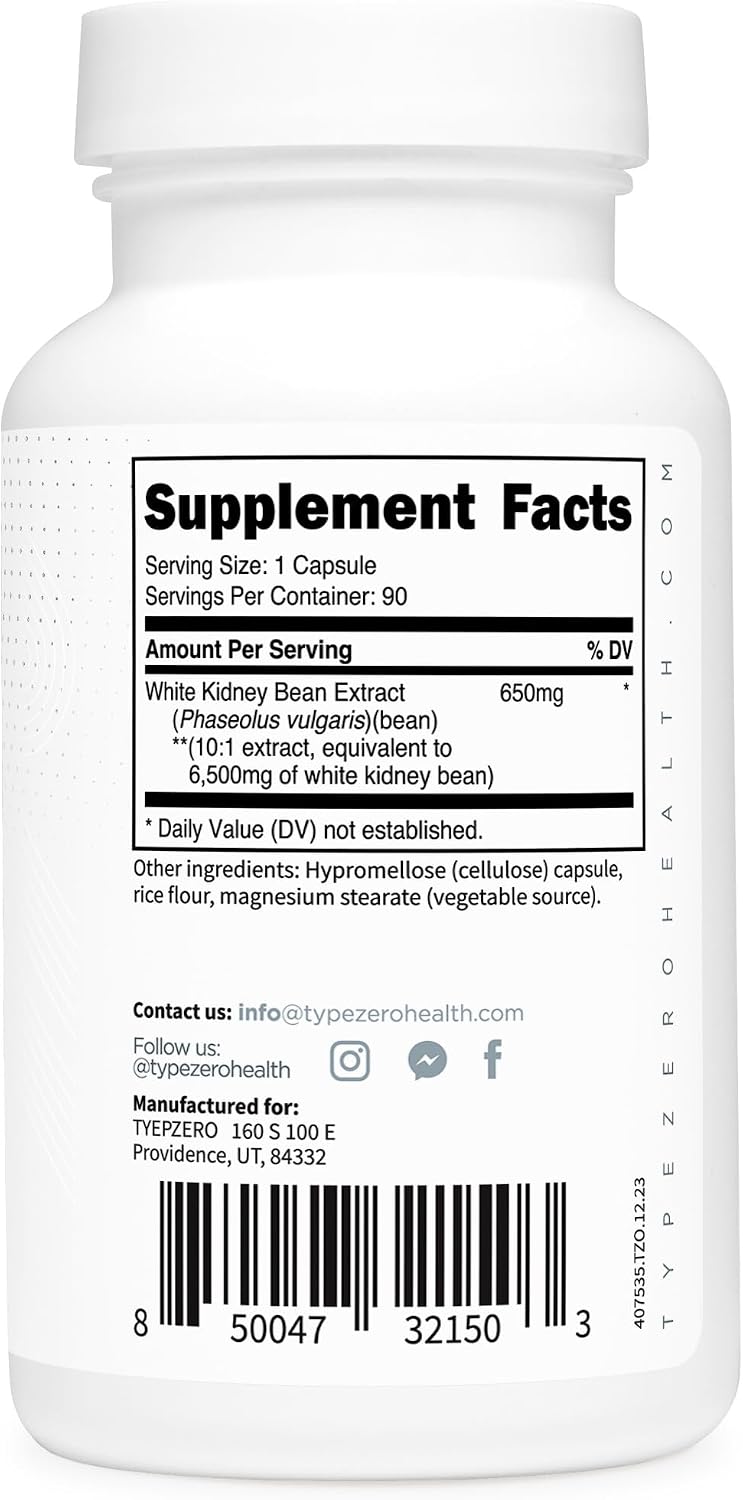 Type Zero Clean White Kidney Bean Extract 90 Capsules for 90 Servings Per Bottle - Non-GMO, Gluten Free