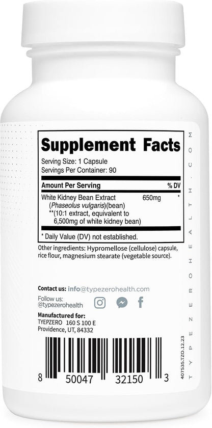 Type Zero Clean White Kidney Bean Extract 90 Capsules for 90 Servings Per Bottle - Non-GMO, Gluten Free