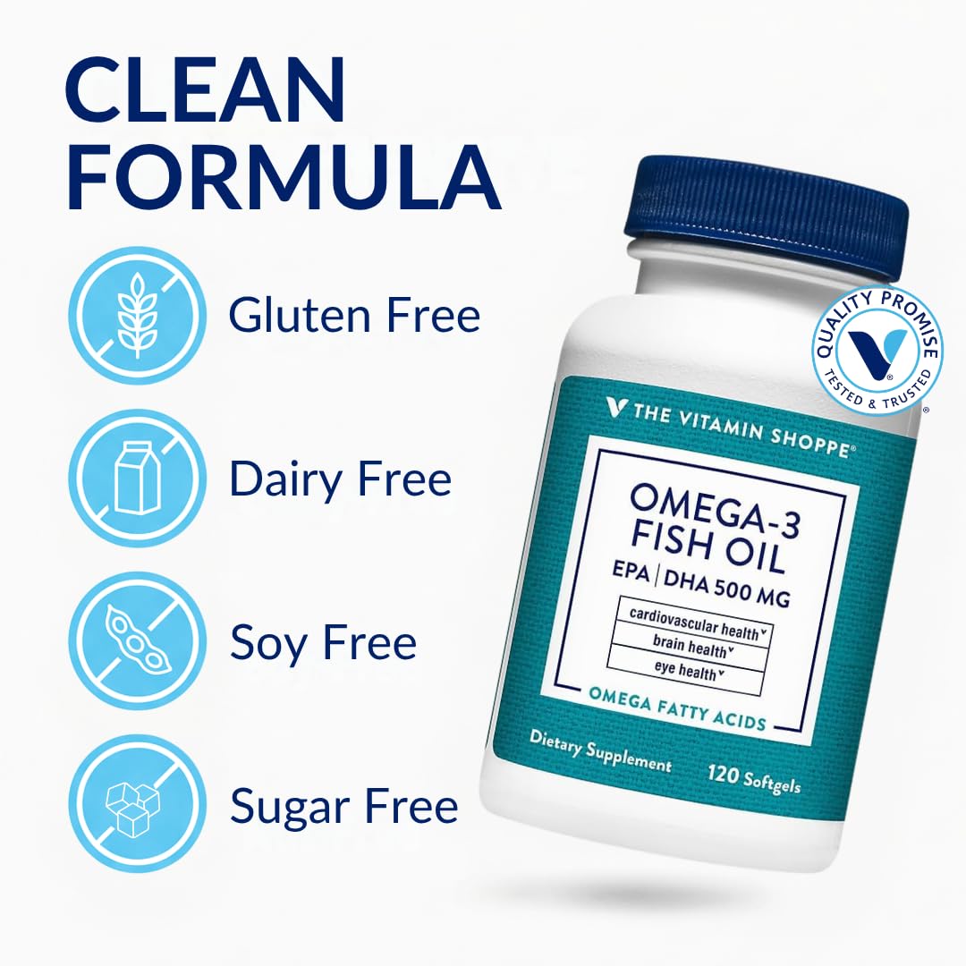 Suplement ​The Vitamin Shoppe Brand Omega 3 Fish Oil 1000mg with EPA DHA 500mg, Cardiovascular, Brain & Eye Health Support for Men and Women, Sourced from Anchovy, VelvetGlow USA