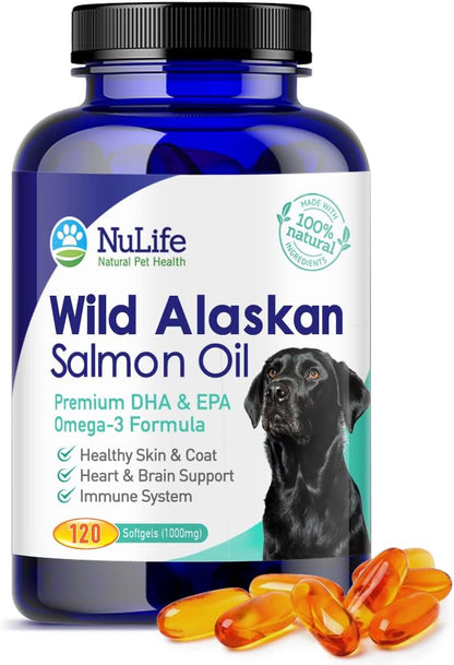 Pure Wild Alaskan Salmon Oil for Dogs, Omega 3 Fish Oil Supplement for Healthy Skin & Shiny Coat, Prevents Itchy Skin, Skin Allergies & Shedding, 120 Soft Capsules