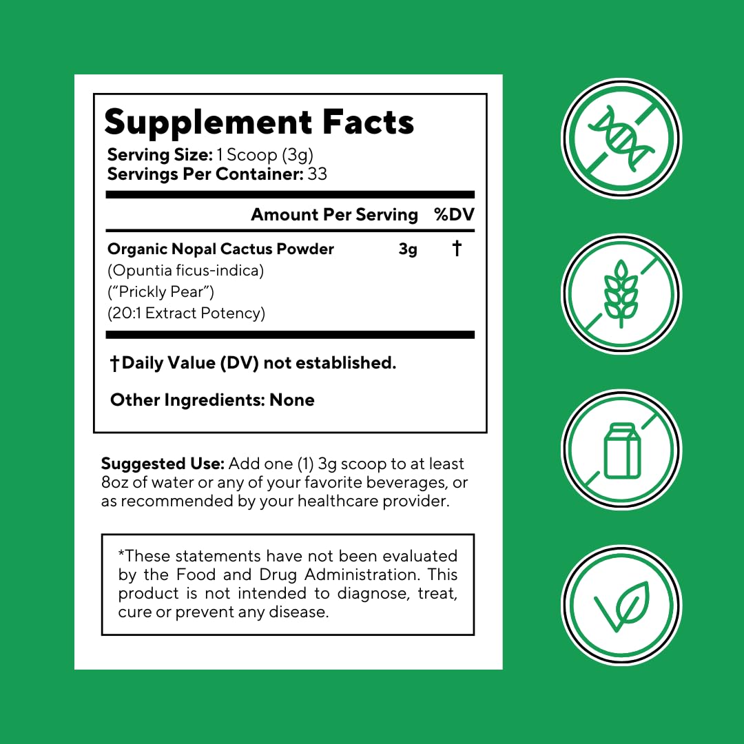 Vitapia Nopal Cactus Extract for Antioxidant, Skin, Metabolism, Wellness, Heart Health Support - 100g Organic Powder - Non GMO, Gluten Free Supplement