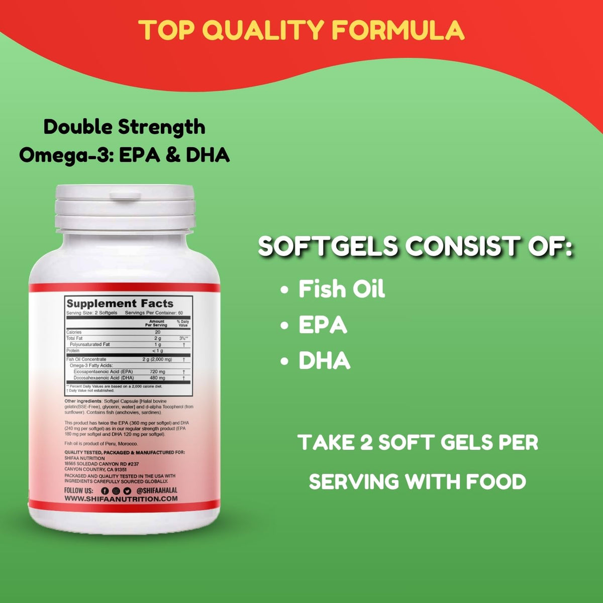 Suplement ​SHIFAA NUTRITION Halal Fish Oil Softgels 120 Ct, Double Strength - Halal Omega 3 Fish Oil Supplements. Wild Caught, Non-GMO & Purified - VelvetGlow USA