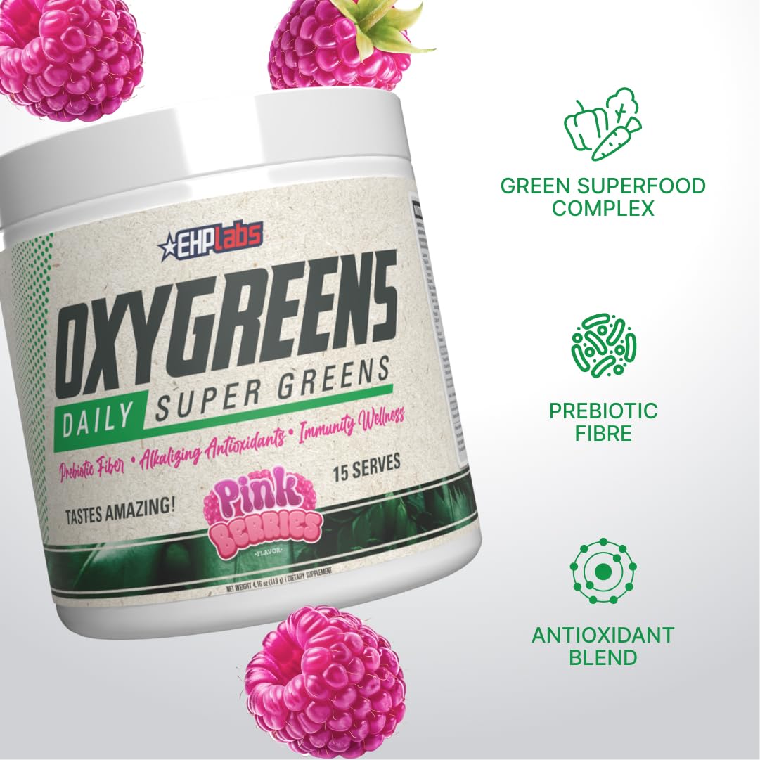 EHP Labs OxyGreens Super Greens Powder with Spirulina & Chlorella, Prebiotic Fiber, Probiotics & Digestive Enzymes – Antioxidant Green Superfood Supplement - 15 Serves (Pineapple)