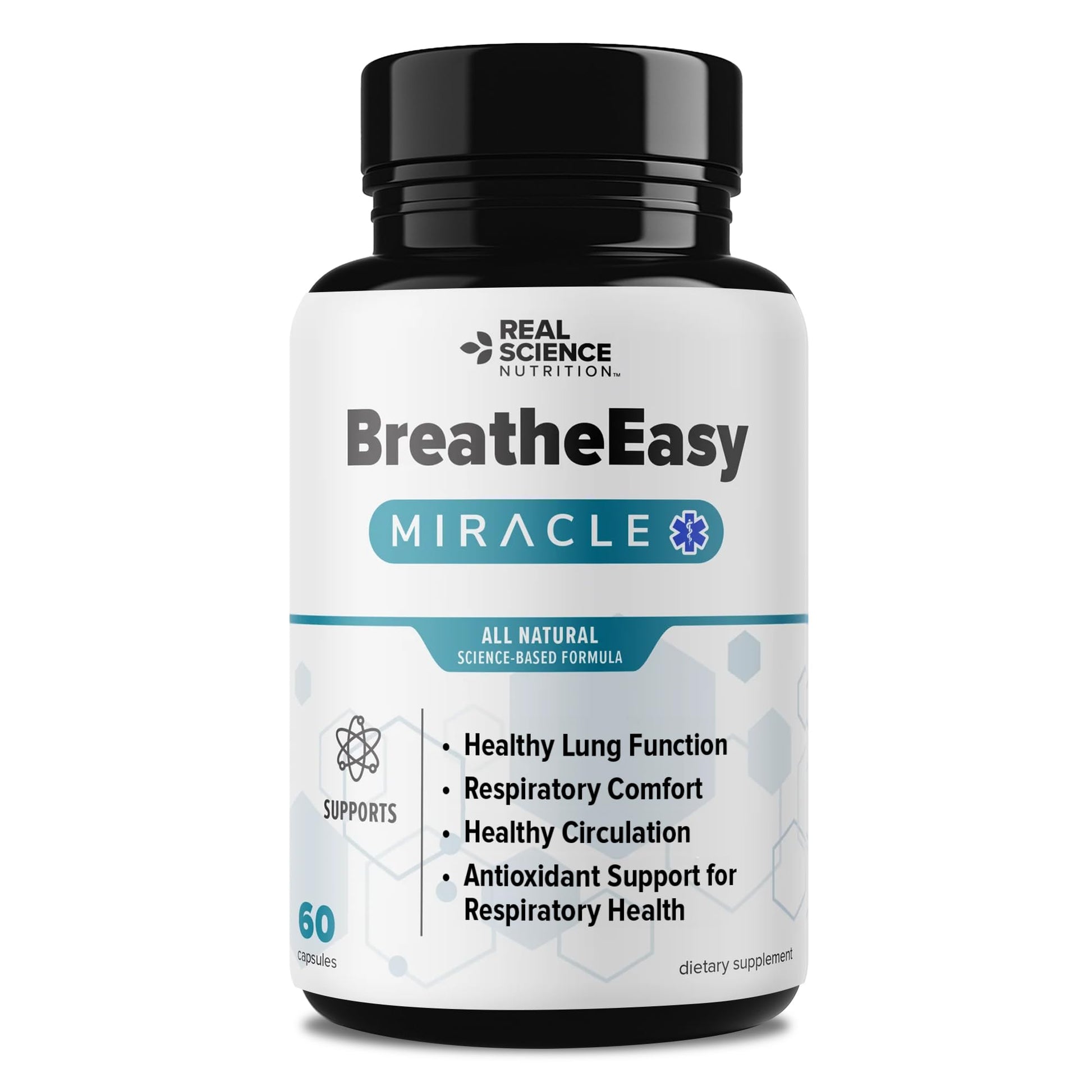 Bottle of Real Science Nutrition BreatheEasy supplement on a white background