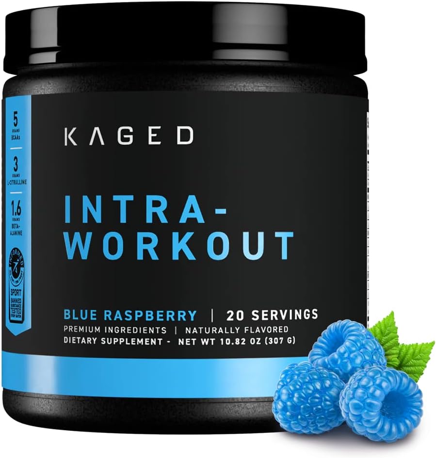 Kaged Intra-Workout Powder In-Kaged BCAAs, L-Citrulline & Beta-Alanine for Endurance 124mg Organic PurCaf Caffeine Coconut Water Powder 20 Servings Blue Raspberry