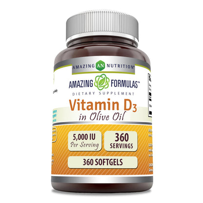 Amazing Formulas Vitamin D3 in Olive Oil 5000 IU Supplement | Softgels | Non-GMO | Gluten-Free | Made in USA (1 Pack | 360 Count)