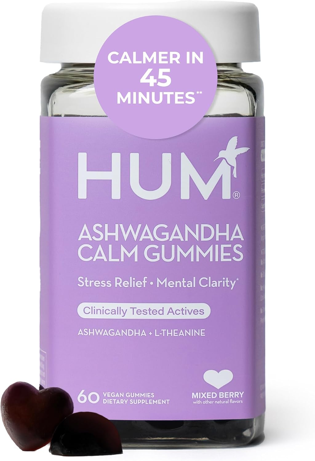 HUM Calm Ashwagandha Gummies with L-Theanine, Mixed Berry, 60 Count
