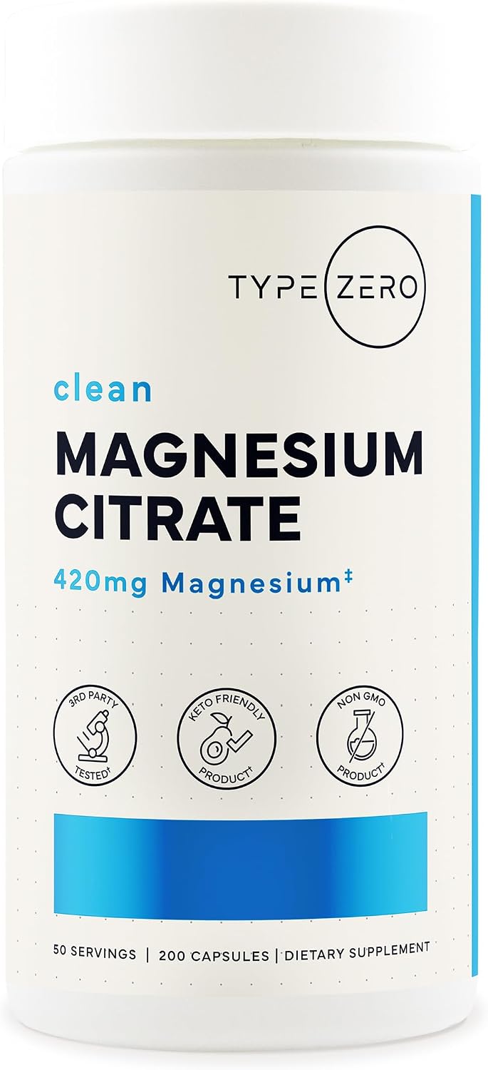 Type Zero Clean Magnesium Citrate (420mg) 200 Capsules, Gluten-Free | Pure Magnesium Citrate Supplement, GMO-Free, 50 Servings