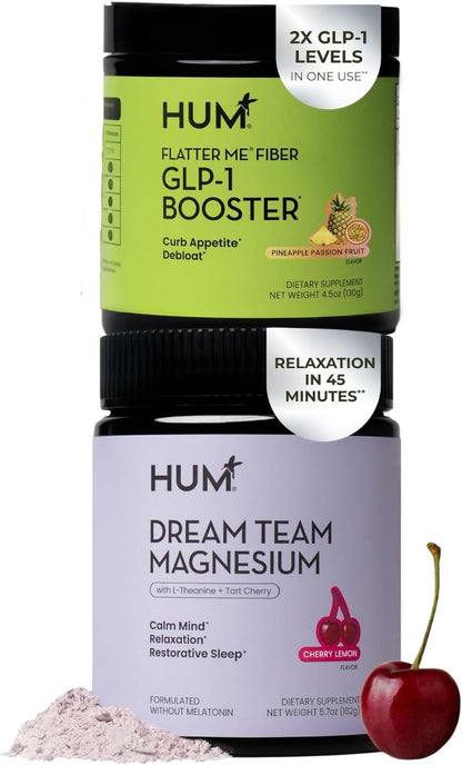 HUM Nutrition Flatter Me Fiber + Dream Team Magnesium Powder Bundle – Digestive Support Fiber & Magnesium Bisglycinate Drink Mix with L-Theanine & Tart Cherry, Cherry Lemon, 2-Product Wellness Routine