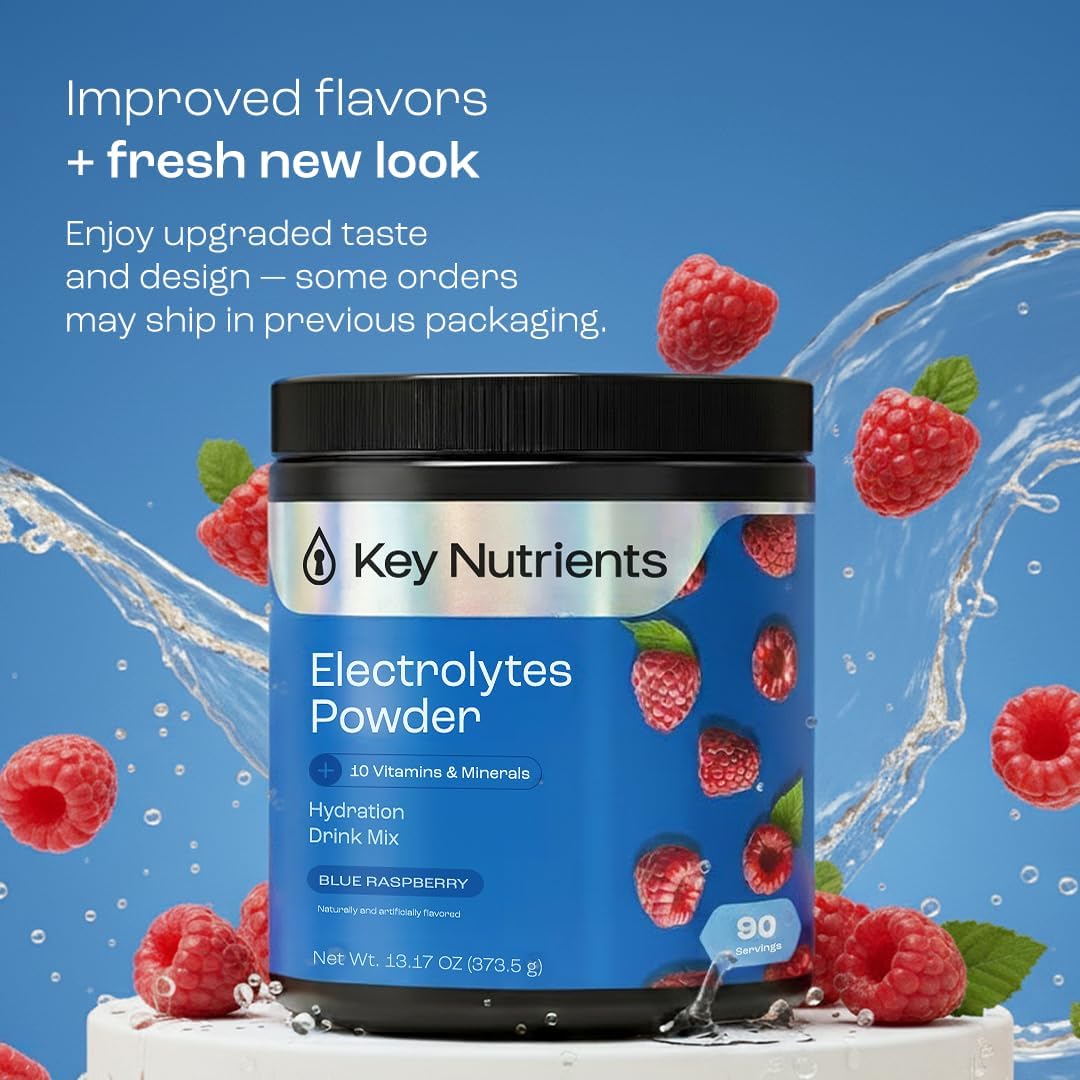 KEY NUTRIENTS Electrolytes Powder Bundle, Blue Raspberry 90 Servings + Electrolyte Powder Packets Variety Pack 10 Count, Sugar Free Hydration Drink Mix with Vitamins & Minerals, No Calories