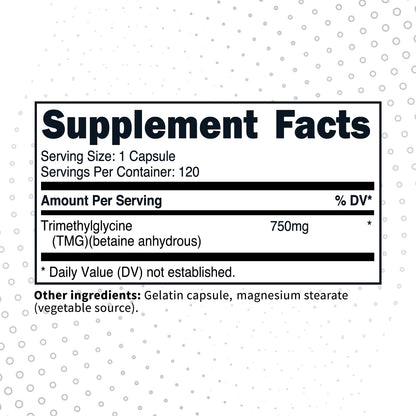 Type Zero Clean TMG (Trimethylglycine) 750mg, 120 Capsules, Gluten Free | GMO-Free