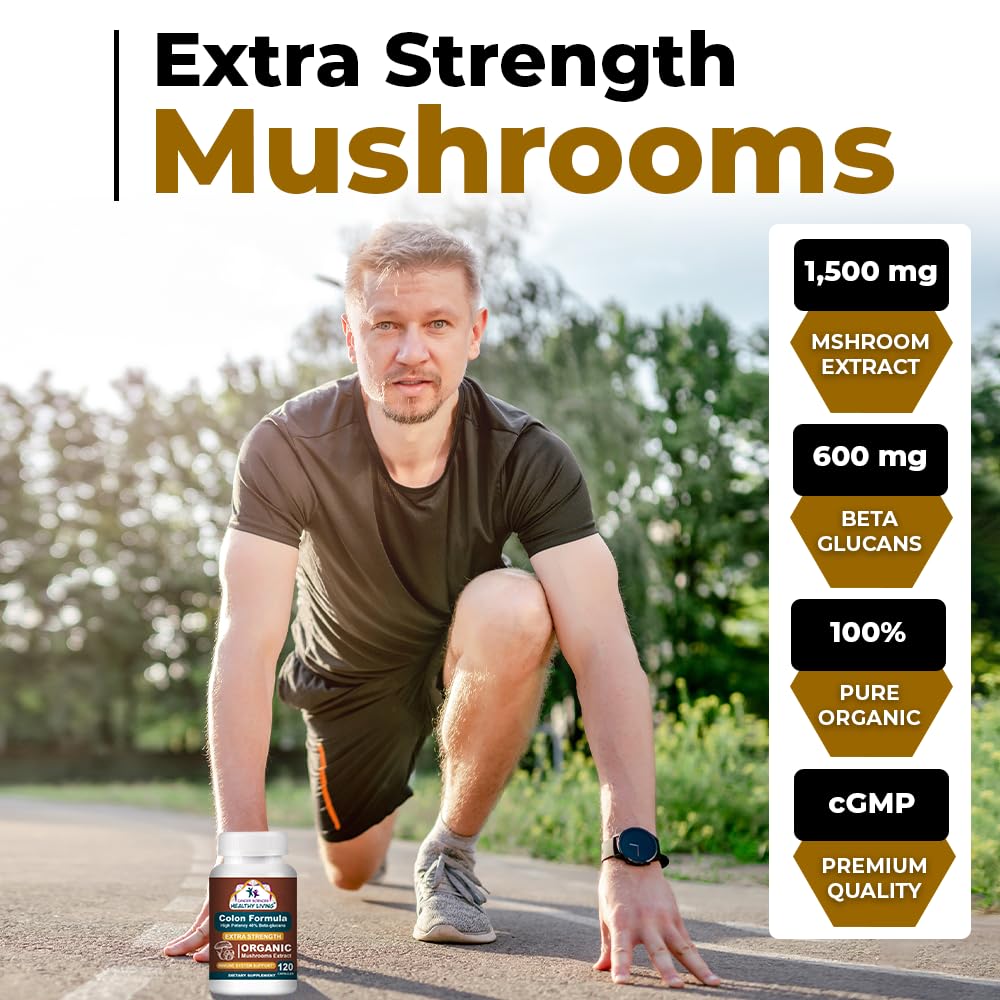 Colon Wellness Supplement, USDA Certified Organic Mushrooms Extract, Extra Strength 1,500 mg, High Potency 40% Beta-Glucans, Immune, Gut & Digestive, Colon Cleanse & Detox, 120 Caps