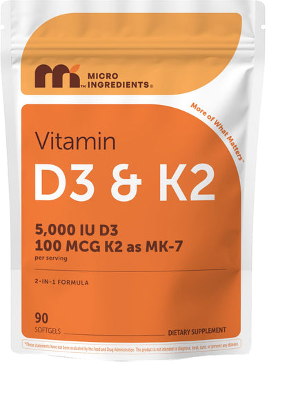 Micro Ingredients Vitamin D3 + K2 MK-7 5,000 IU Per Serving, 300 Softgels | K2 100 mcg Per Serving, D3 & K2 Vitamin Supplement for Women & Men. Easy-to-Swallow, Non-GMO, Gluten Free.