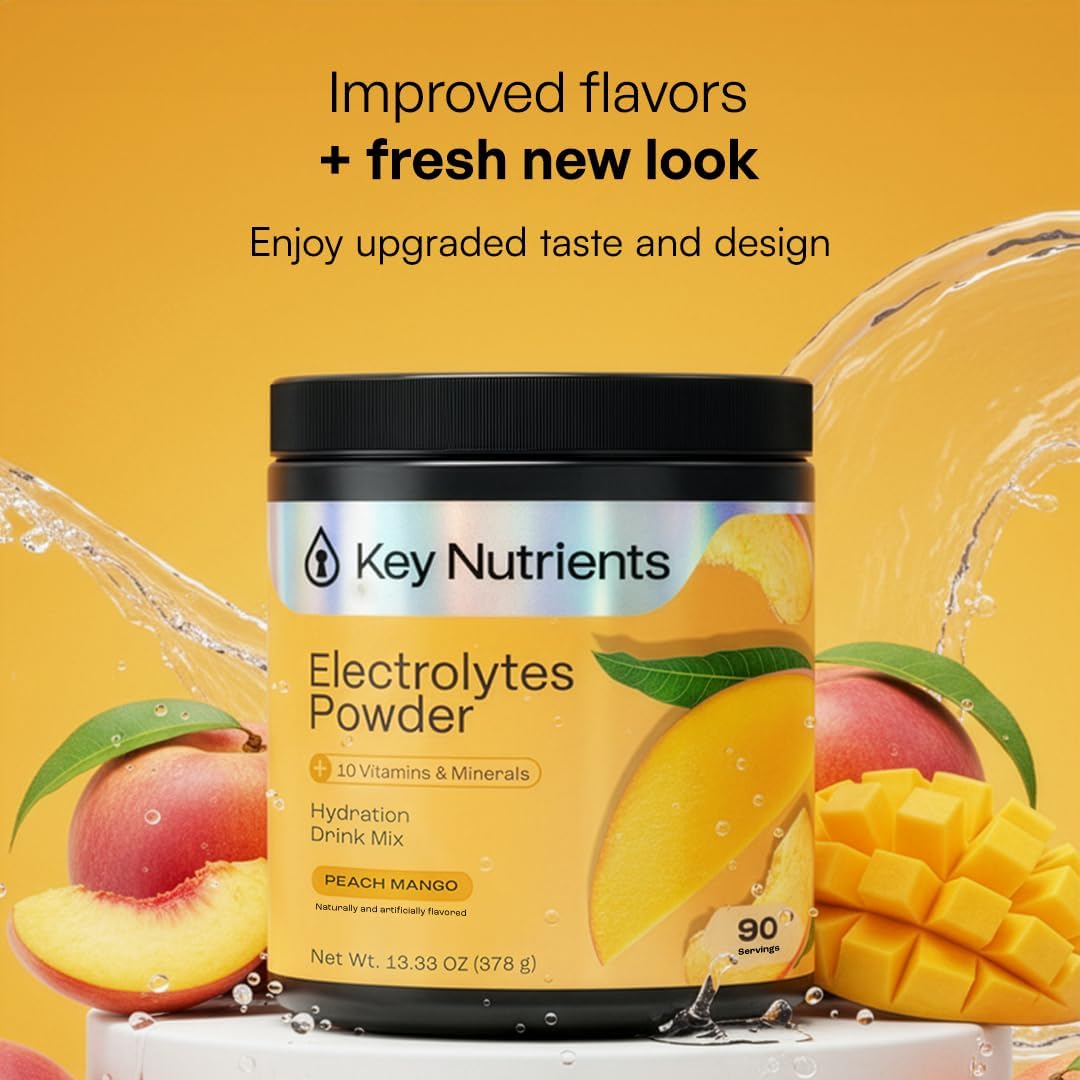 KEY NUTRIENTS Electrolytes Powder Bundle, Tropical Peach Mango 90 Servings Jar + Juicy Watermelon 20 Count Packets, Sugar Free Hydration Travel Drink Mix with Vitamins & Minerals, No Calories