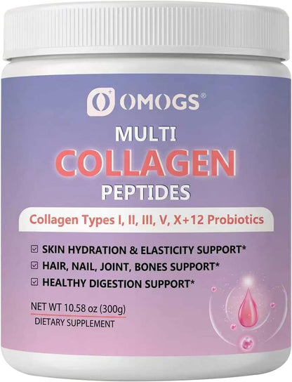 OMOGS Hydrolyzed Collagen Peptide Powder with Prebiotics, Vitamin C & Cranberry Extract，Support Hair, Skin, Nails, Bones, Digestive & Urinary Tract Health, Easy Dissolve, Non-GMO, for Women & Men.