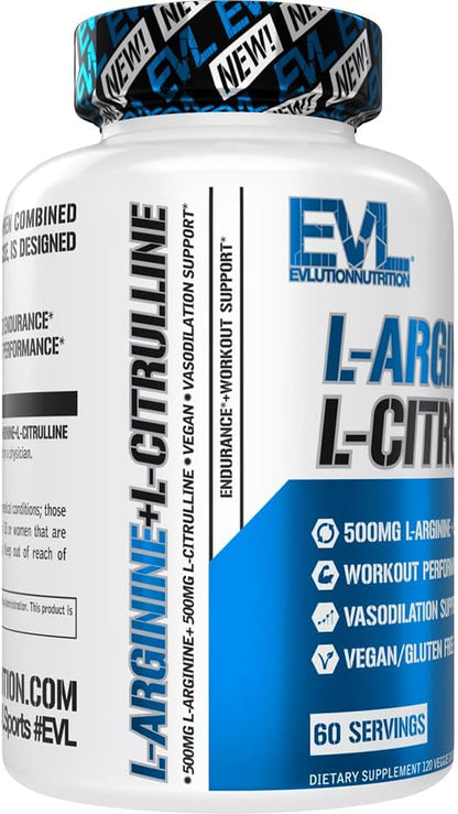 L Arginine L Citrulline Supplement - Invigorating Nitric Oxide Supplement with Ideal 1:1 Citrulline Arginine Ratio with 500mg Each Per Serving for Enhanced Pumps Energy & Stamina (60 Servings)