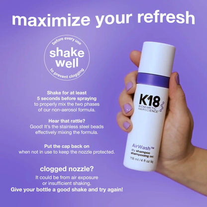 K18 AirWash™ Dry Shampoo, Non-Aerosol, Balances Scalp & Controls Excess Oil Production, 1.6 Fl Oz